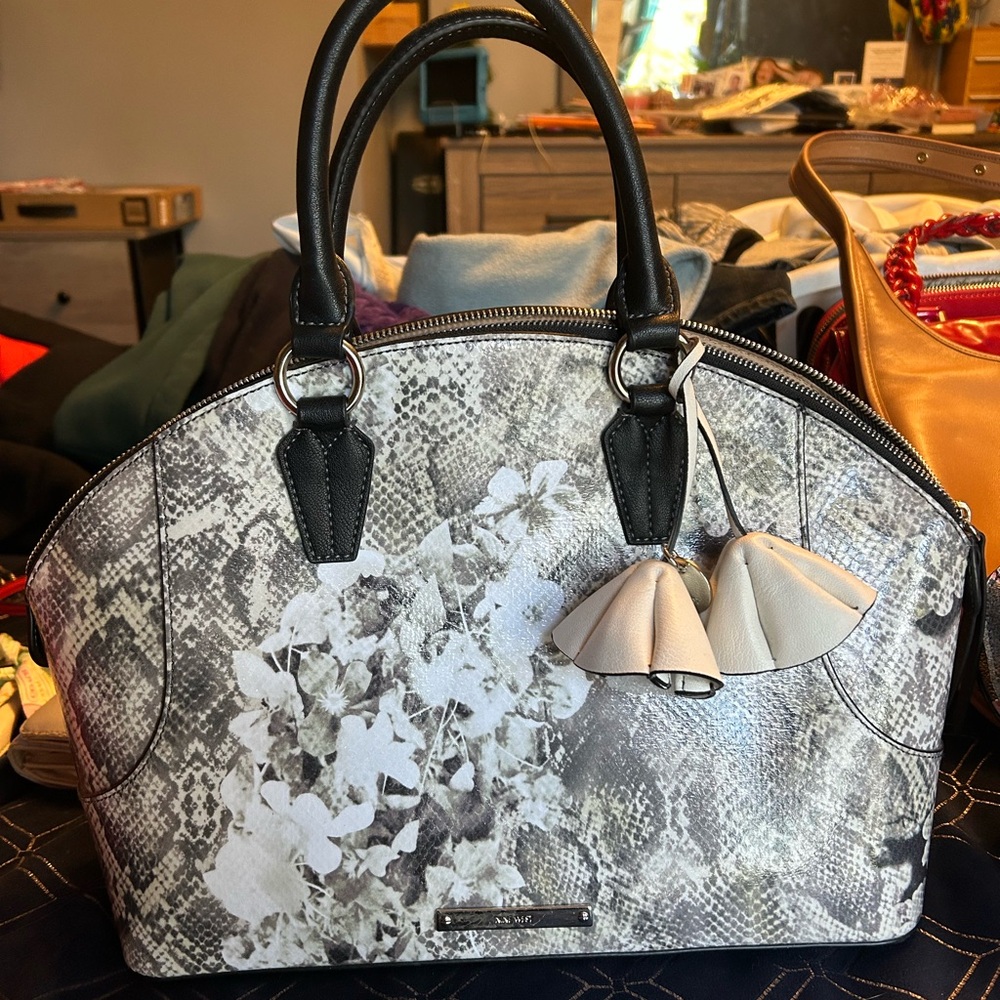 Nine West Black and Gray Floral Satchel